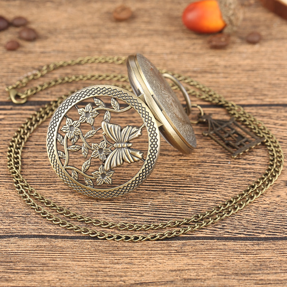 Bronze Butterfly and Flower Retro Style Necklace Pocket Watch