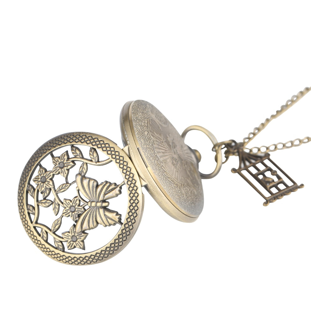 Bronze Butterfly and Flower Retro Style Necklace Pocket Watch