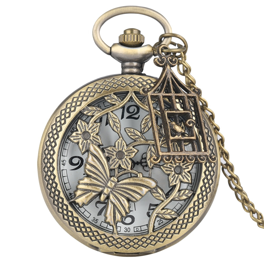 Bronze Butterfly and Flower Retro Style Necklace Pocket Watch