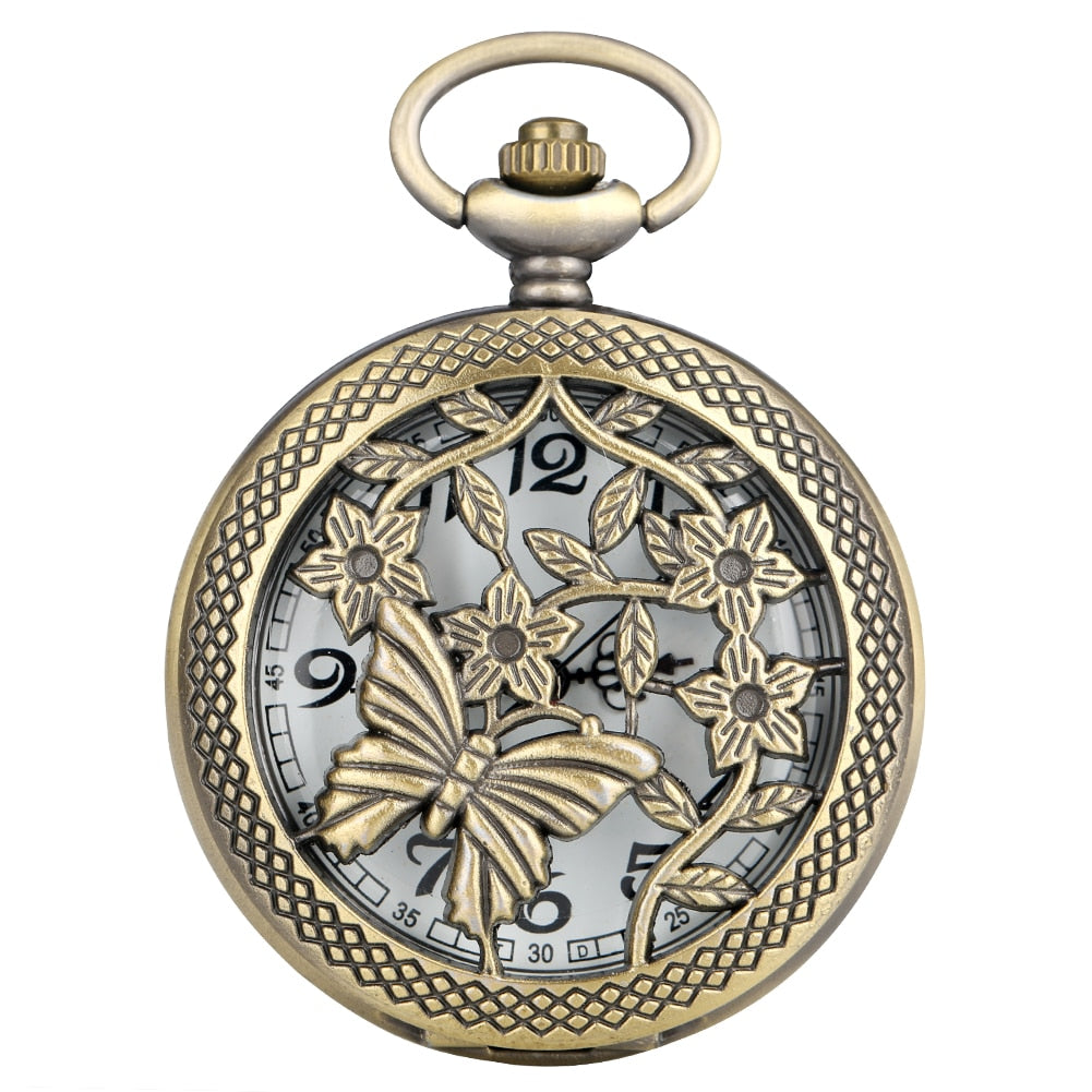 Bronze Butterfly and Flower Retro Style Necklace Pocket Watch