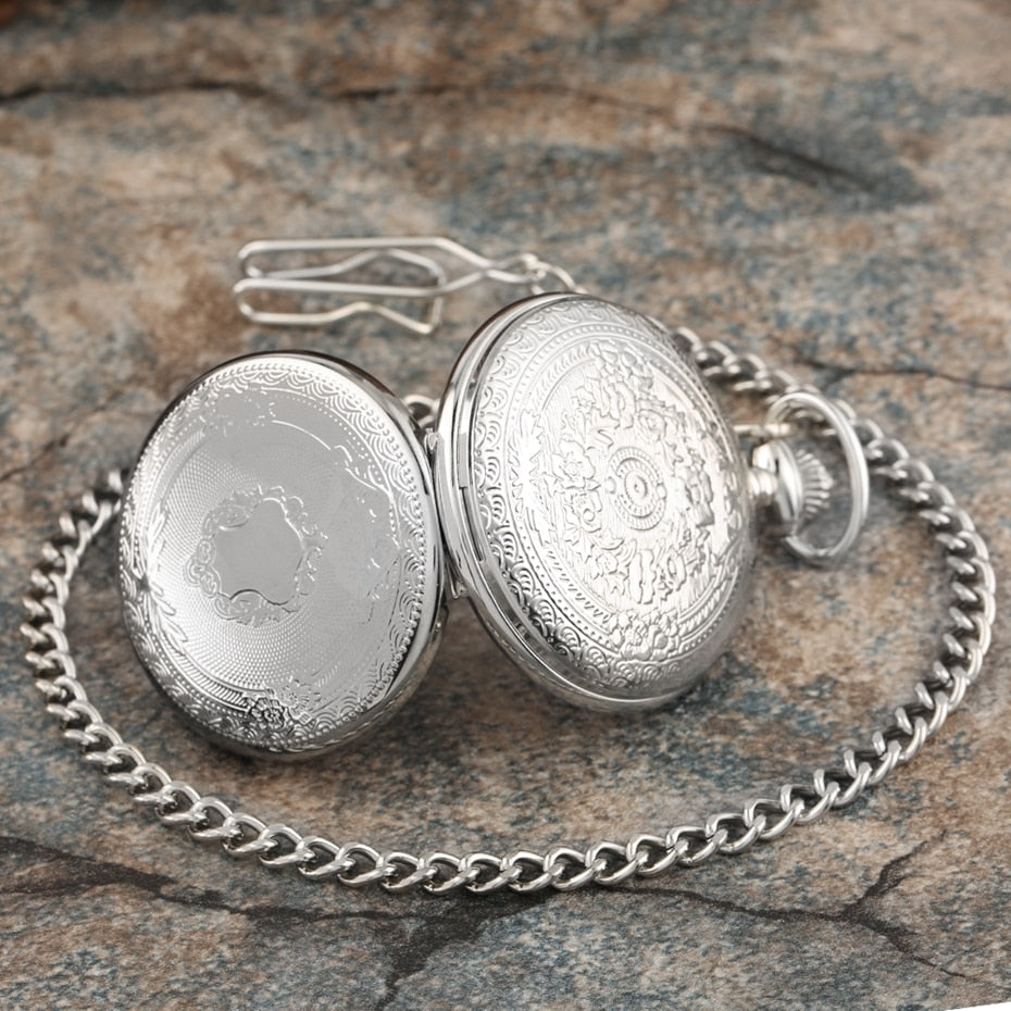 Creative Bronze/Silver/ Gold Delicate Carved Pattern Shield Quartz Pocket Watch