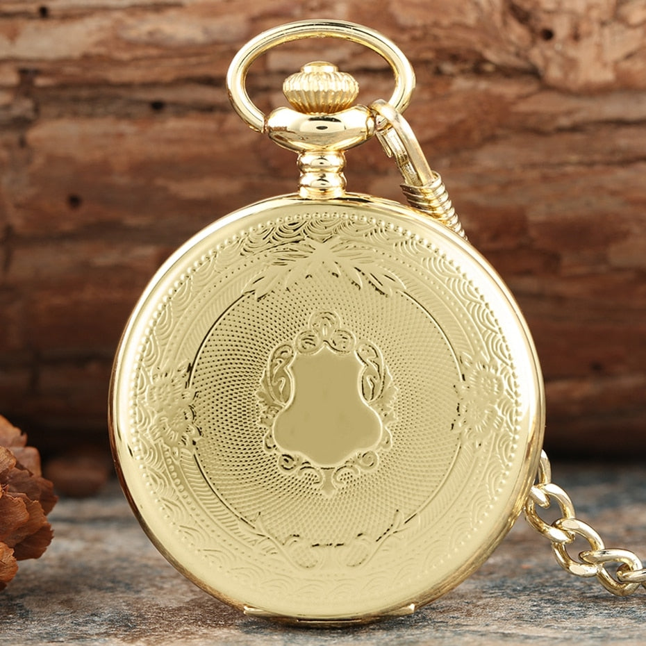 Creative Bronze/Silver/ Gold Delicate Carved Pattern Shield Quartz Pocket Watch