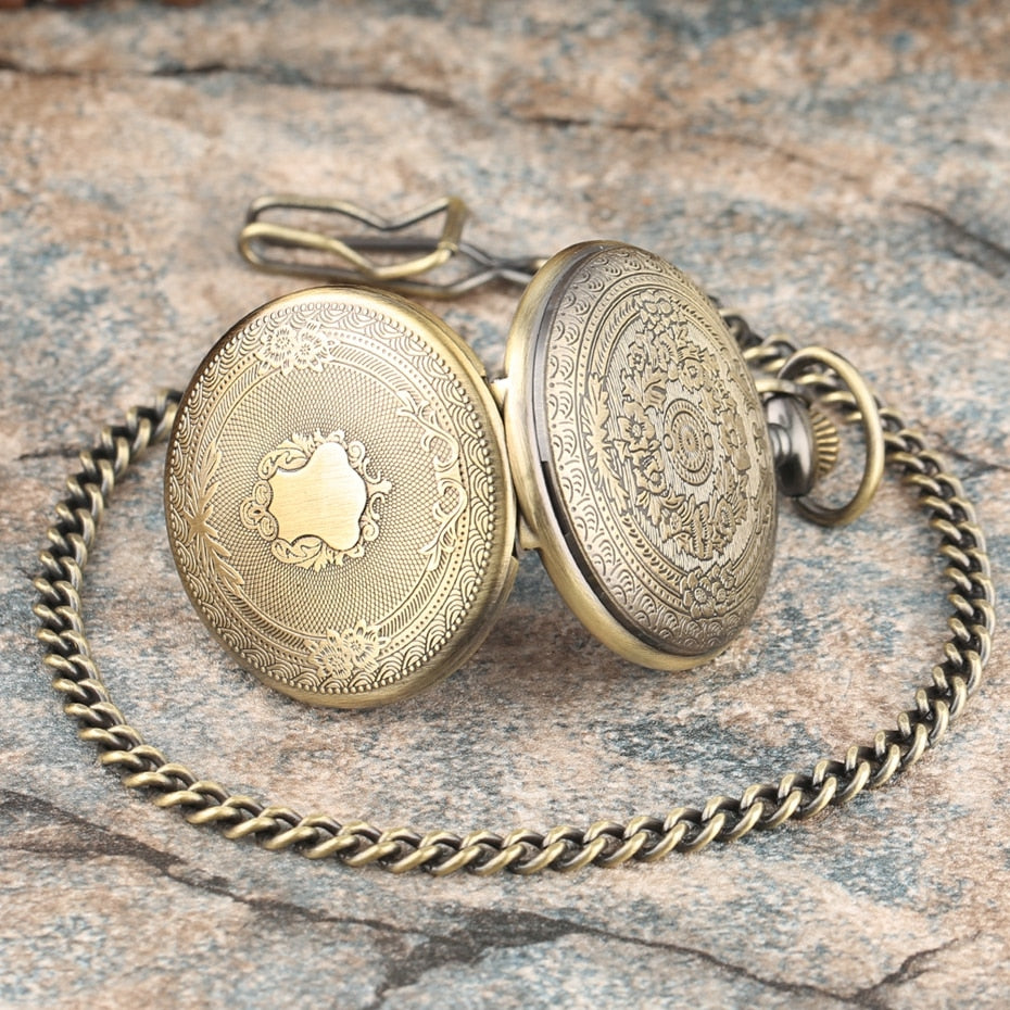 Creative Bronze/Silver/ Gold Delicate Carved Pattern Shield Quartz Pocket Watch