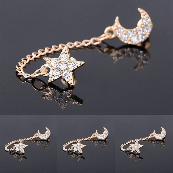 Pendiente de oreja vintage con dos piercings de cristal, diamantes de imitación, luna y estrella