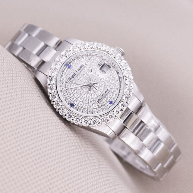 Claw-setting  Full Crystal Clock Stainless Steel Bracelet Watch