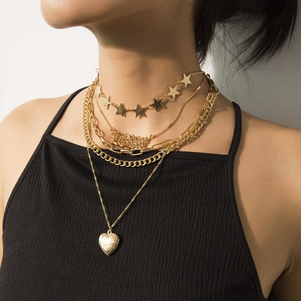 Multi layer Punk chain with heart stars  love pendant necklace