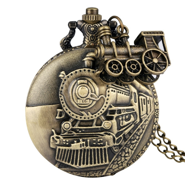 Vintage Bronze Quartz  Train Locomotive Engine Necklace Pocket Watch