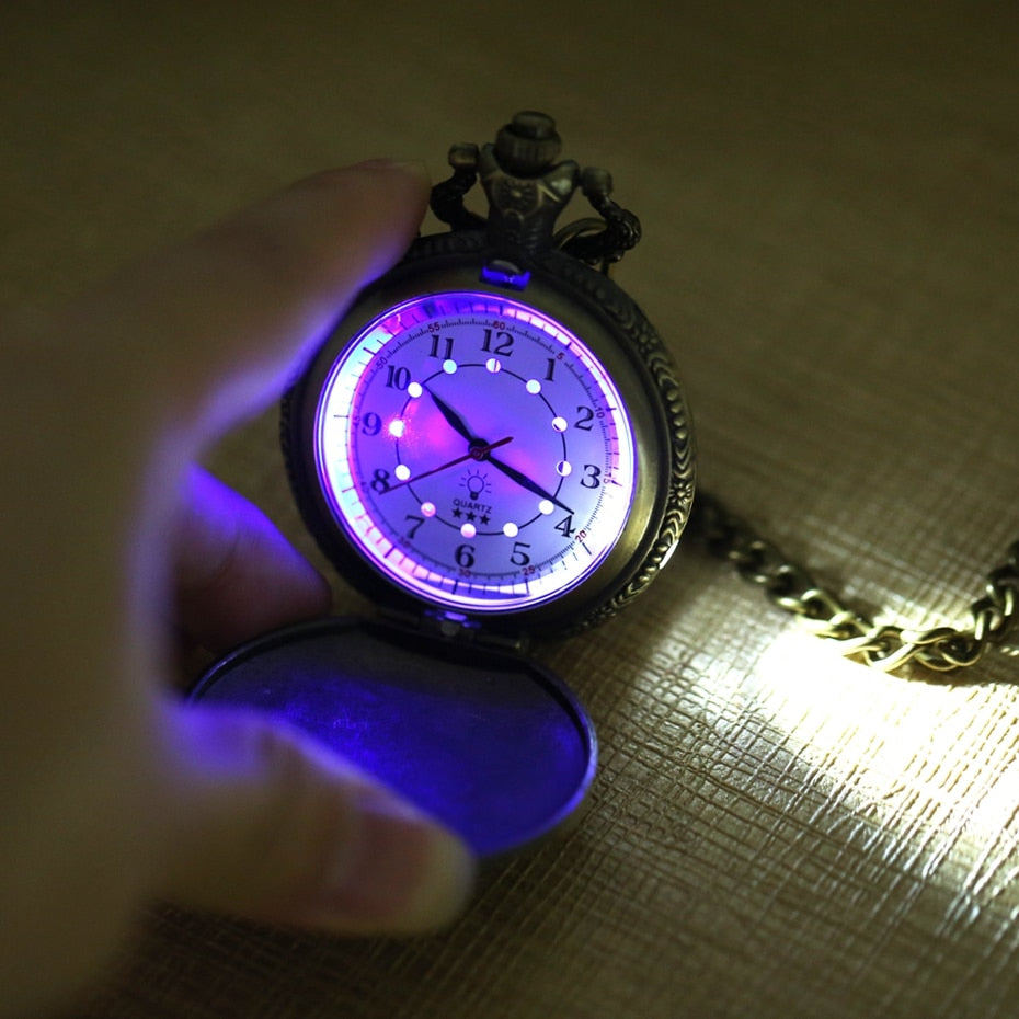 LED Flash Luminous Vintage Dial Quartz Pocket Watch