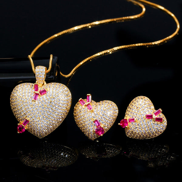 Conjunto de pendientes y colgantes con forma de corazón de amor romántico en oro 585 con micro pavé de circonita cúbica