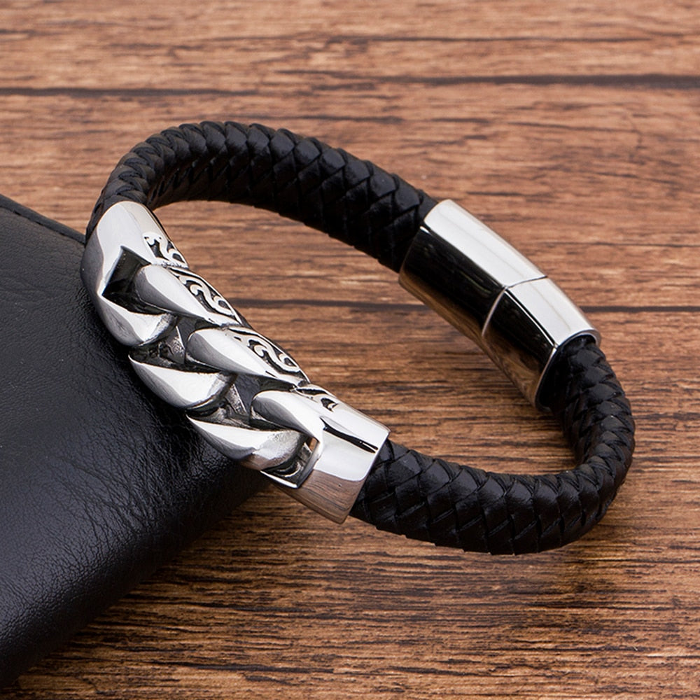 Genuine Leather  Black Stainless Steel Magnetic hk Bracelet