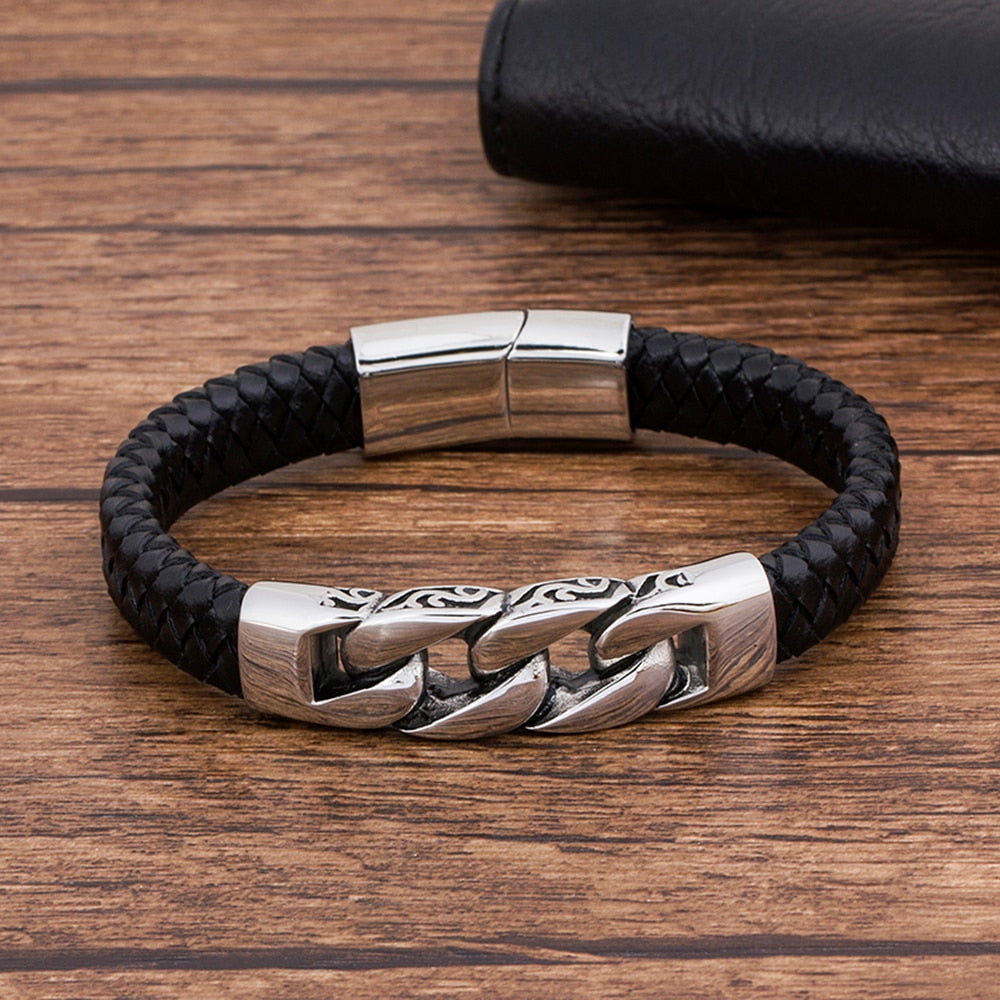 Genuine Leather  Black Stainless Steel Magnetic hk Bracelet