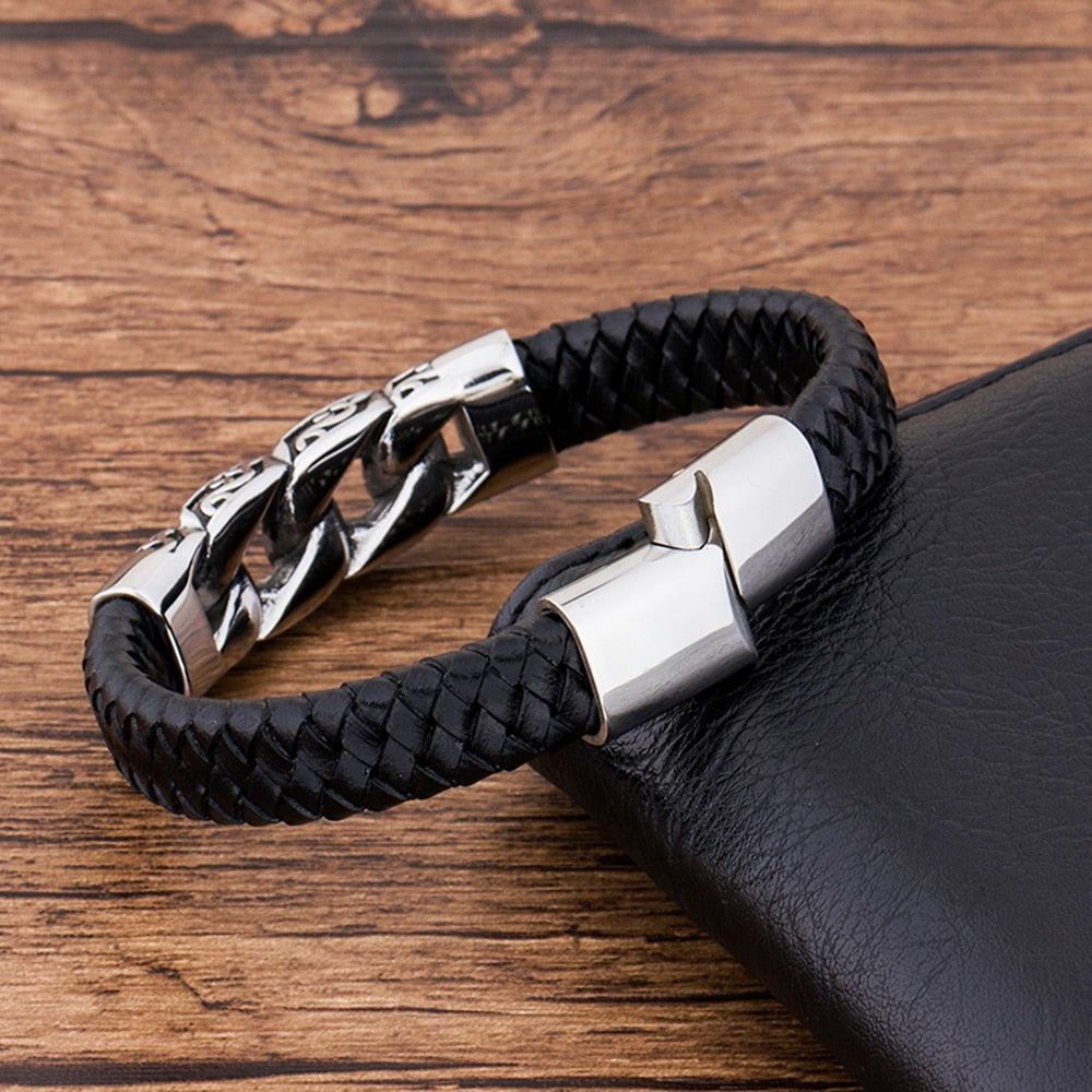 Genuine Leather  Black Stainless Steel Magnetic hk Bracelet