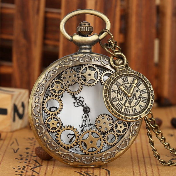 Reloj de bolsillo vintage de cobre antiguo estilo steampunk con engranajes huecos de cuarzo