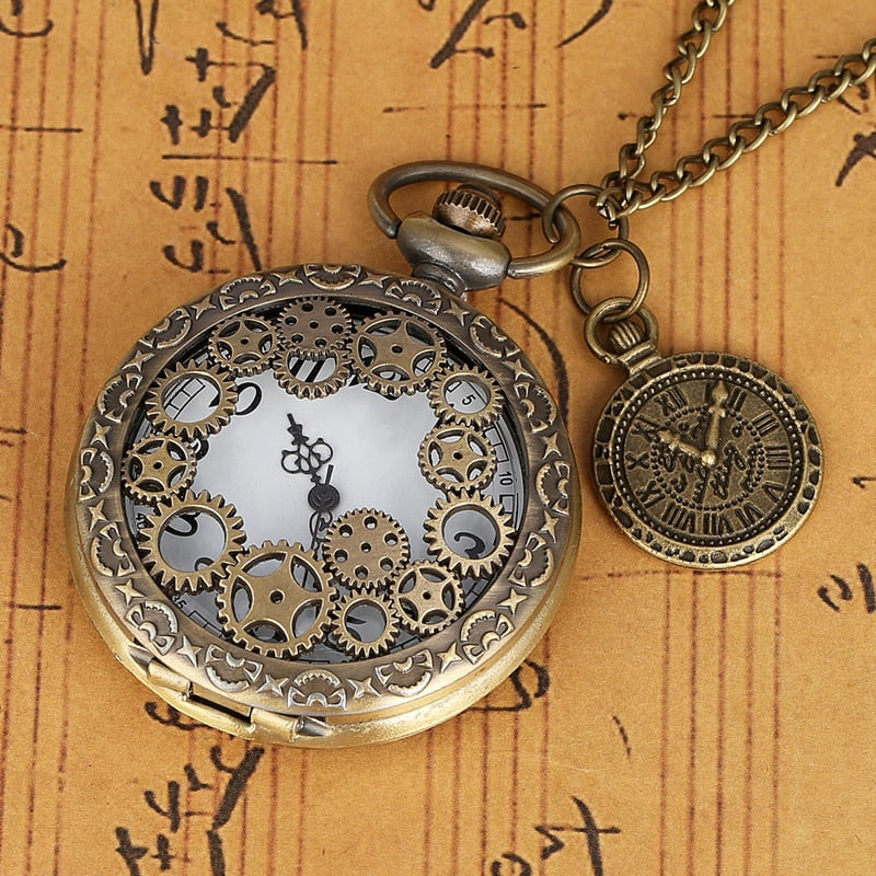 Vintage Antique Copper Steampunk Bronze Hollow Gear Quartz Pocket Watch