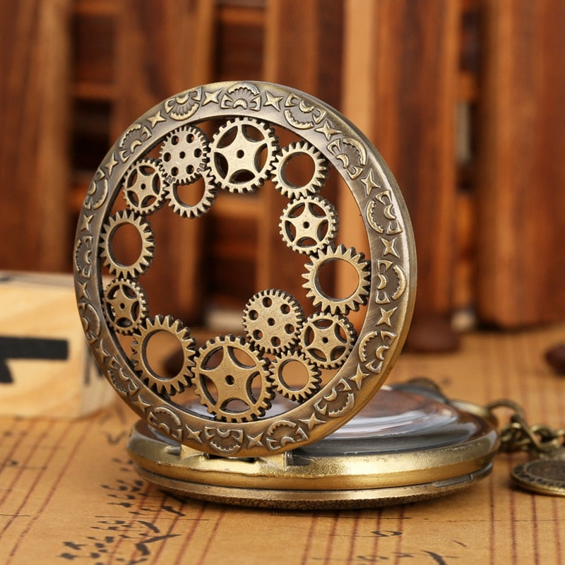 Vintage Antique Copper Steampunk Bronze Hollow Gear Quartz Pocket Watch
