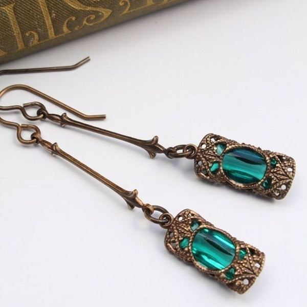 Pendientes colgantes vintage de circonita azul y verde para mujer