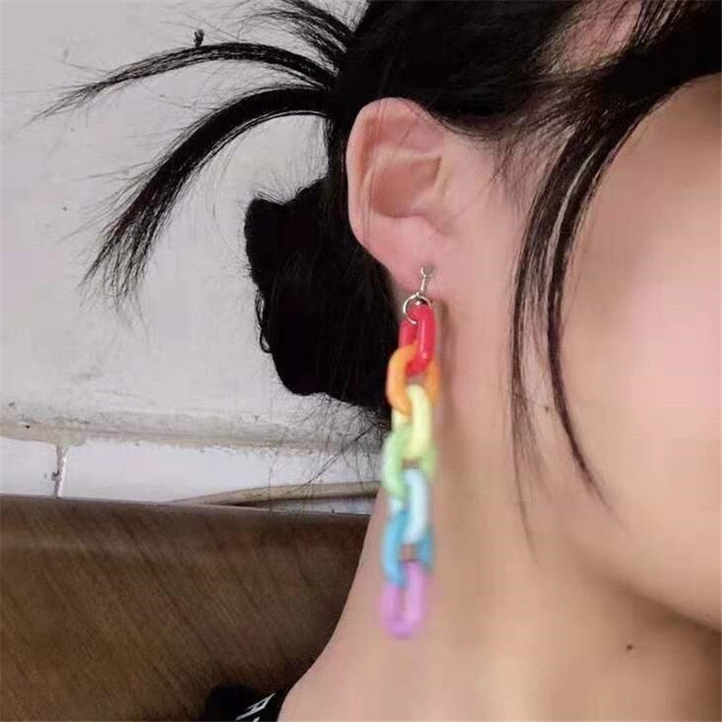 without piercing creative 7 color rainbow acrylic chains clip on earrings