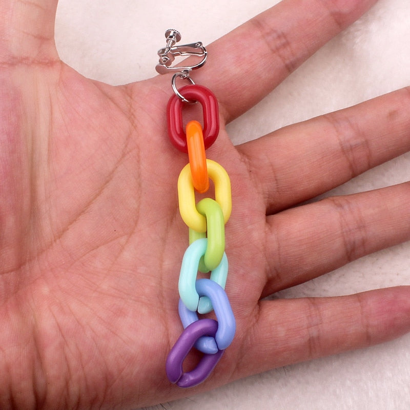 without piercing creative 7 color rainbow acrylic chains clip on earrings