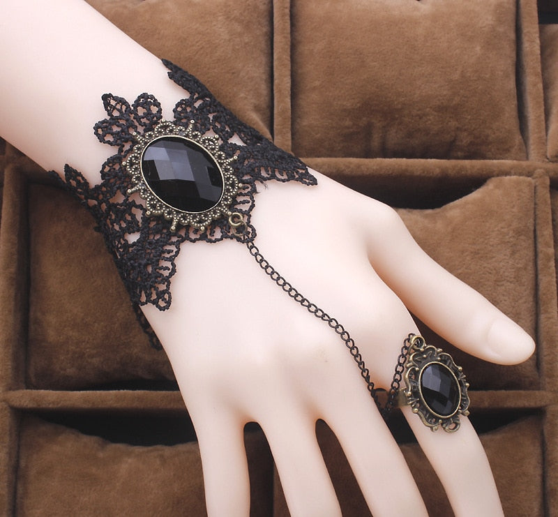Black Lace Bracelet Finger Hand Chain Harness Women Bracelet