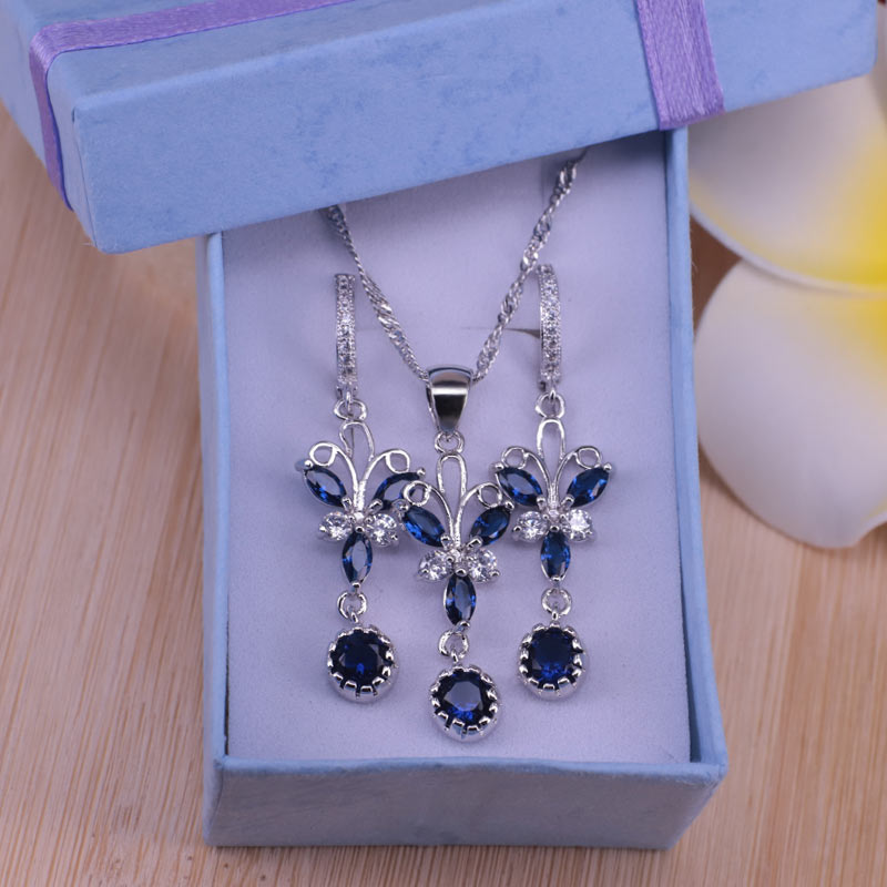 butterfly silver color  blue cubic zircon jewelry set