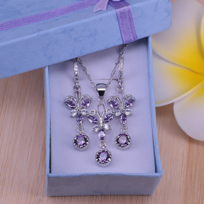 butterfly silver color  blue cubic zircon jewelry set