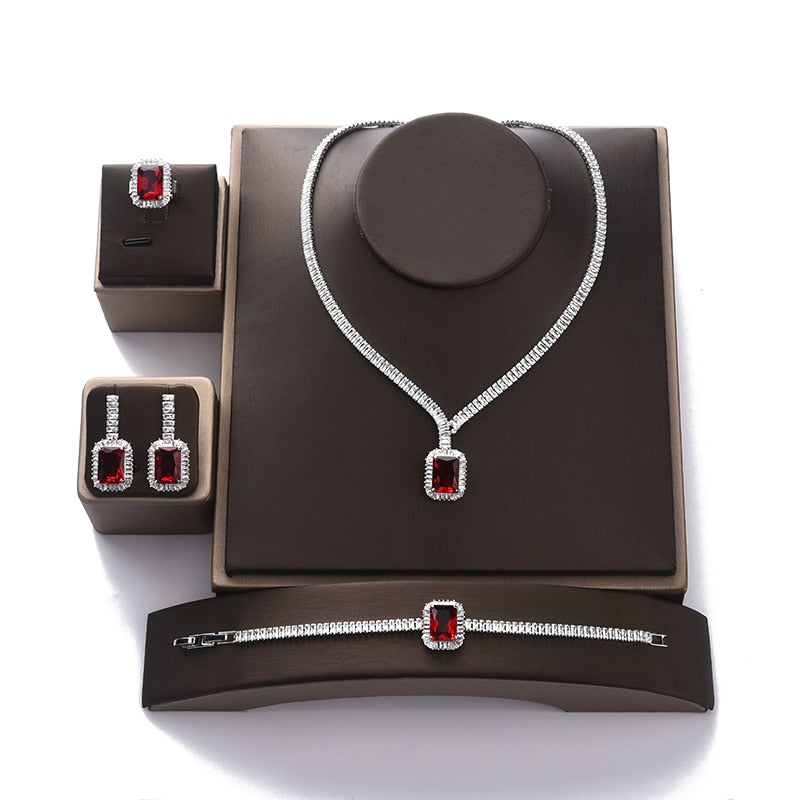 Square Zircon Necklace Earring Bracelet and Ring Set