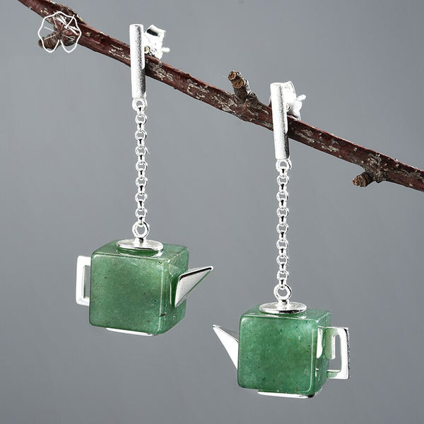 Pendientes colgantes vintage de tetera cuadrada de plata de ley 925 para mujer
