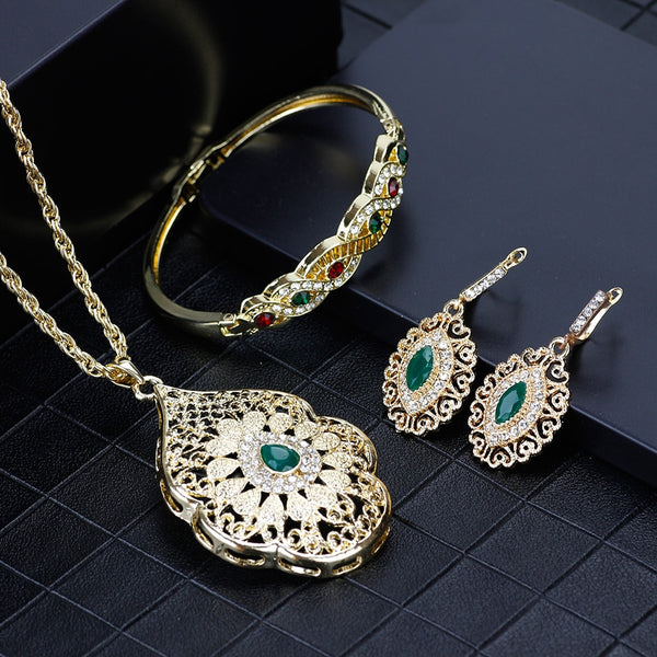 Gold Color Arabic Necklace Earring Cuff Bracelet Jewelry Sets