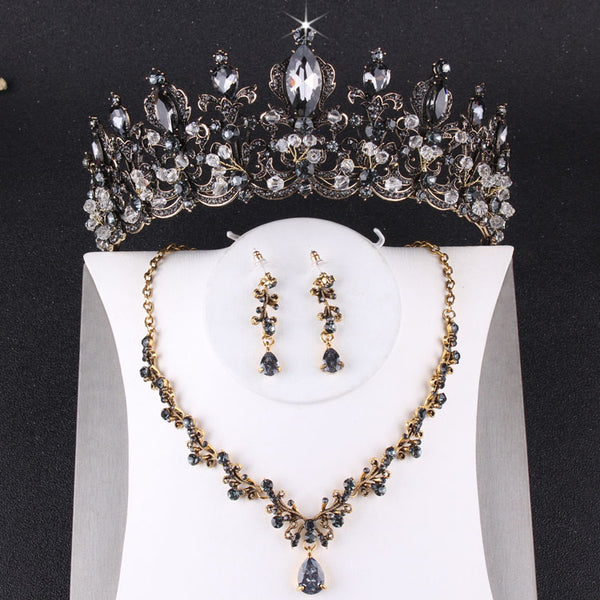 Baroque Vintage Black Crystal Tiaras Crowns Necklace Earrings Set