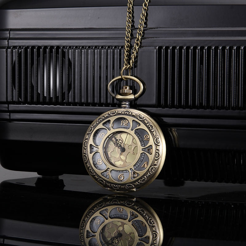 Quartz Pocket Watch Floral Petal Carved Case with Chain