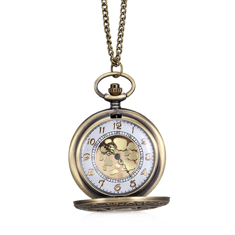 Quartz Pocket Watch Floral Petal Carved Case with Chain