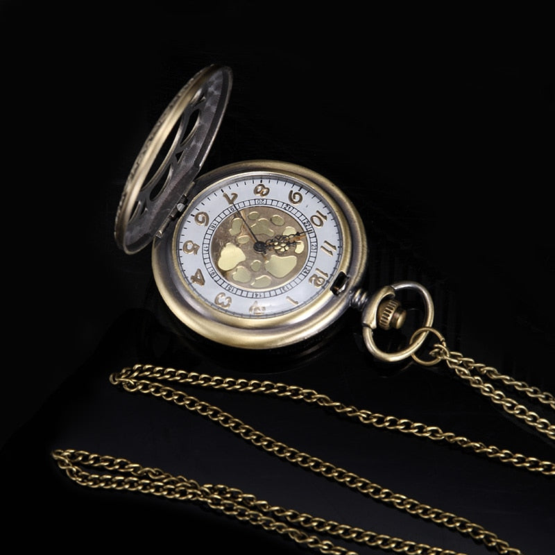 Quartz Pocket Watch Floral Petal Carved Case with Chain