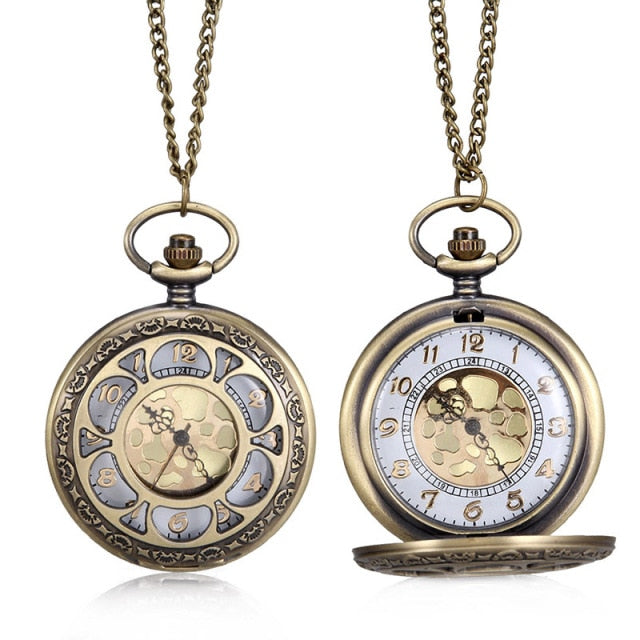 Quartz Pocket Watch Floral Petal Carved Case with Chain