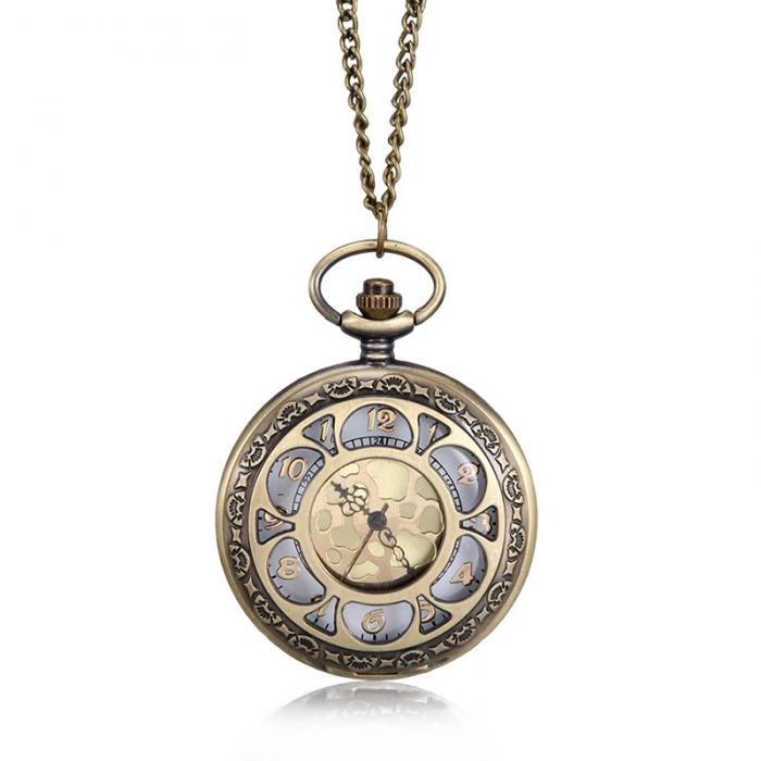 Quartz Pocket Watch Floral Petal Carved Case with Chain