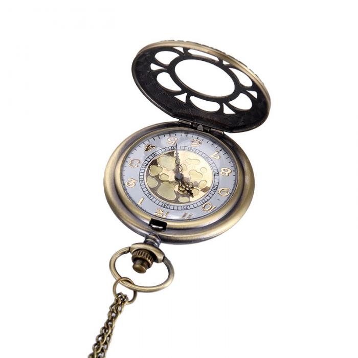 Quartz Pocket Watch Floral Petal Carved Case with Chain