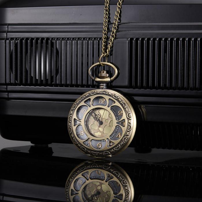 Quartz Pocket Watch Floral Petal Carved Case with Chain