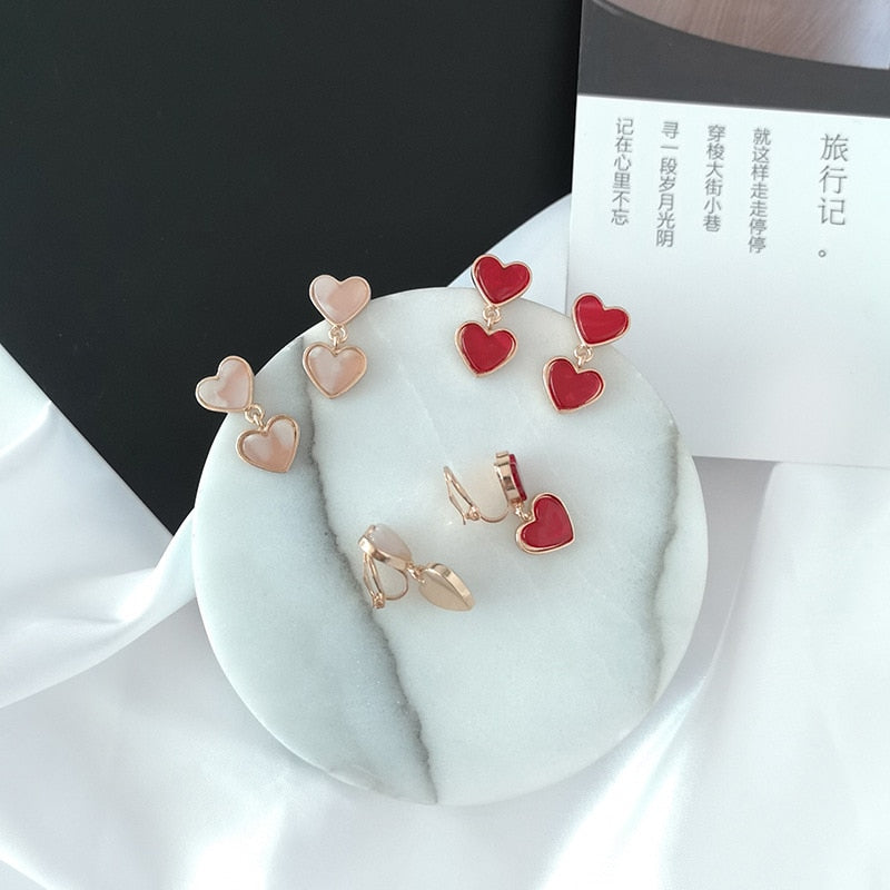 cute Korean Double Love Heart Acrylic office Clip Earrings No Piercing