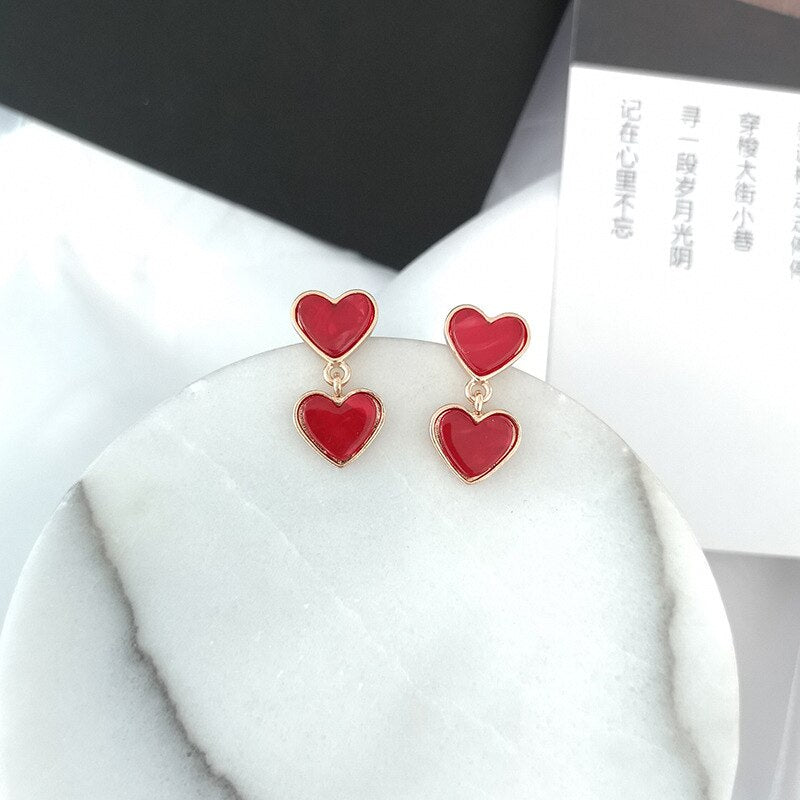 cute Korean Double Love Heart Acrylic office Clip Earrings No Piercing