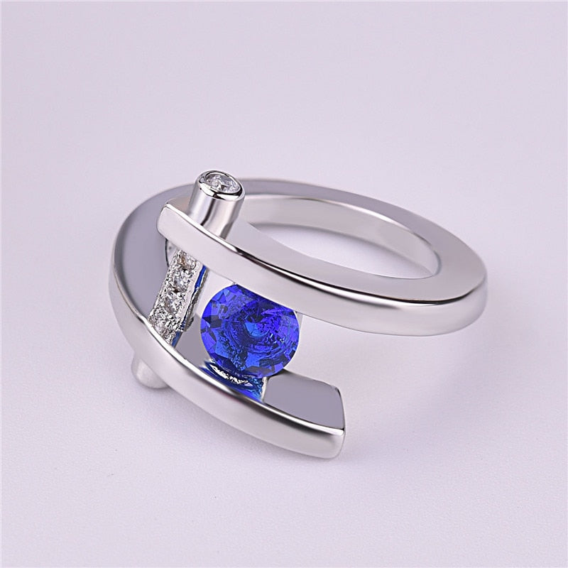 Silver Color Blue Round Crystal Zircon Wedding Engagement Rings