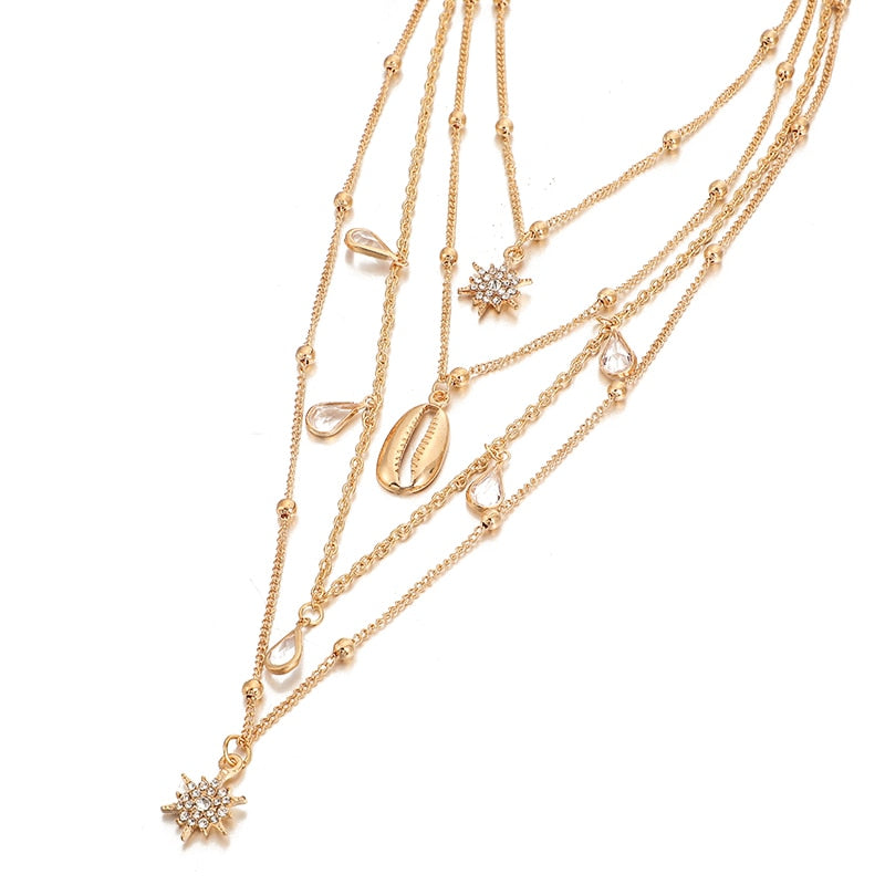 Simple Gold Shell Sun Flower Multilayer Necklace