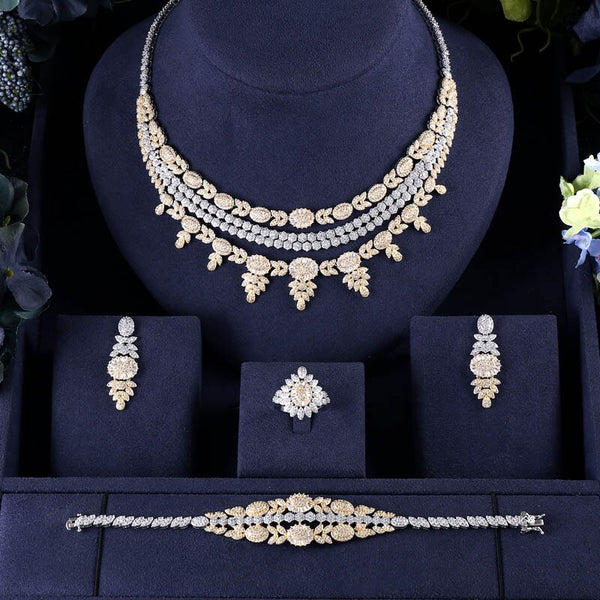 Conjunto de 4 joyas de circonitas para novias de color dorado para fiesta de mujer
