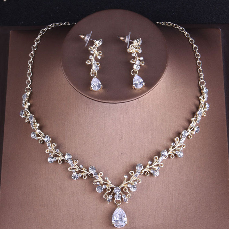 Rhinestone Crystal Gold Tiara Crown  Jewelry Set