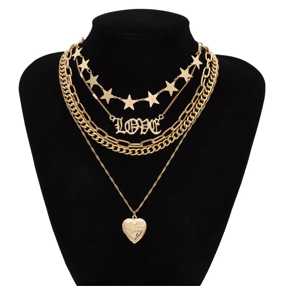 Multi layer Punk chain with heart stars  love pendant necklace