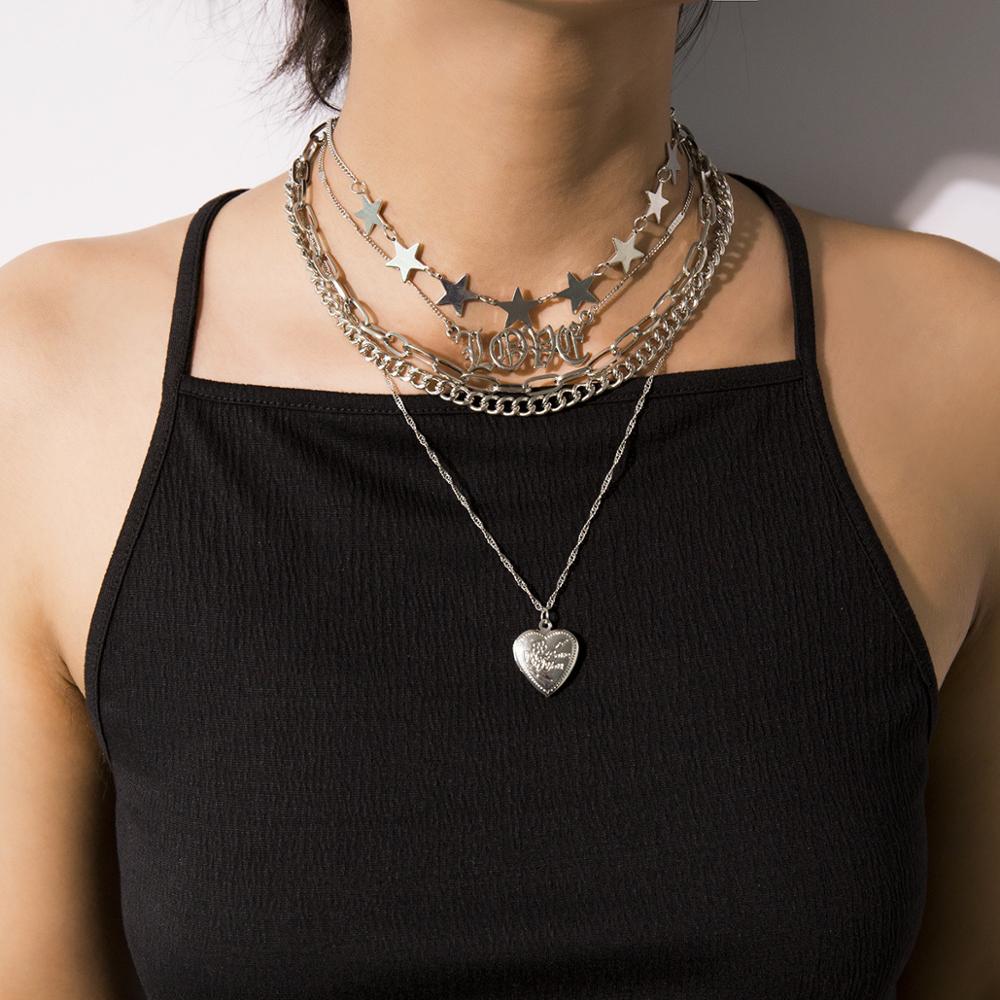 Multi layer Punk chain with heart stars  love pendant necklace
