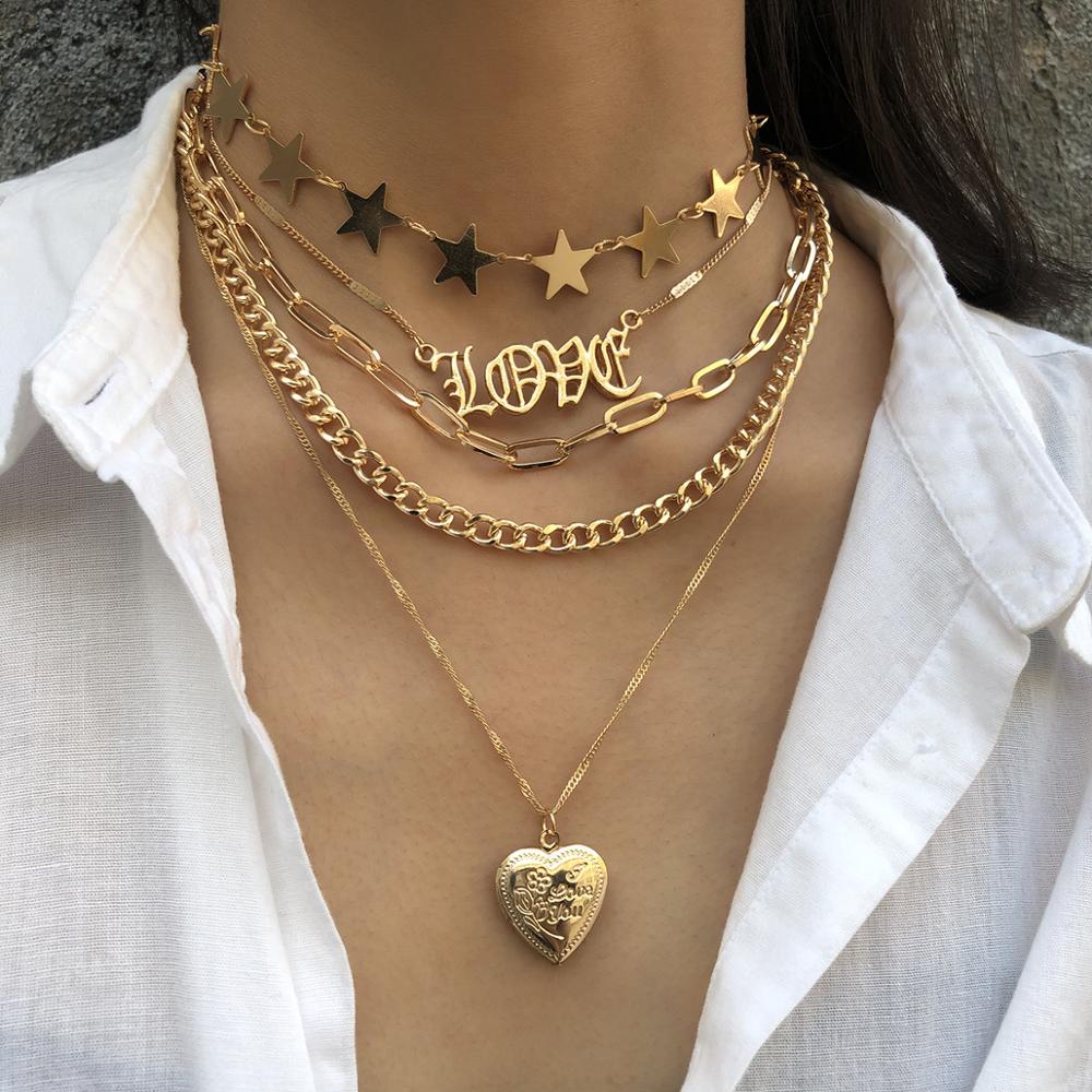 Multi layer Punk chain with heart stars  love pendant necklace