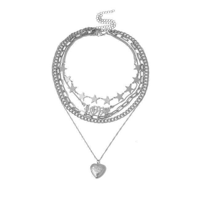 Multi layer Punk chain with heart stars  love pendant necklace