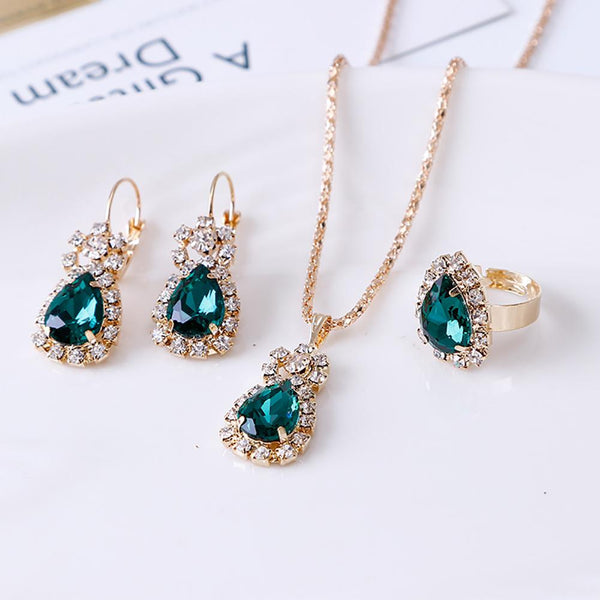 Fashion Waterdrop Shiny Rhinestones Necklace Ring Earrings Women Jewelry Set