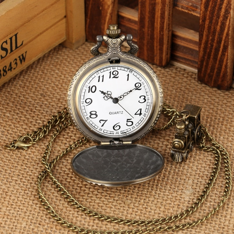 Vintage Bronze Quartz  Train Locomotive Engine Necklace Pocket Watch