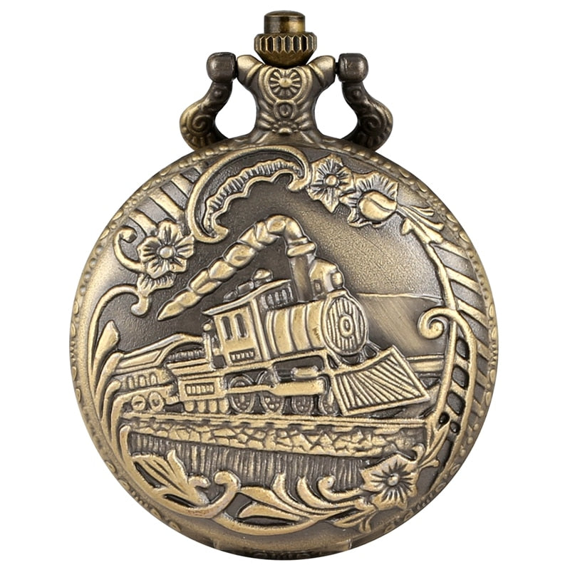 Vintage Bronze Quartz  Train Locomotive Engine Necklace Pocket Watch