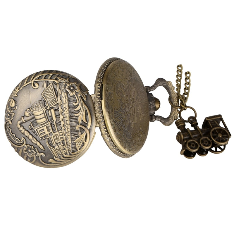 Vintage Bronze Quartz  Train Locomotive Engine Necklace Pocket Watch